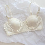 Pleated Satin Balconette Demi Bra and Coordinating Hipster Brief Set with Scalloped Trims