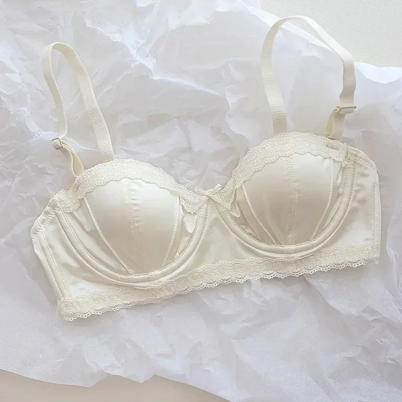 Pleated Satin Balconette Demi Bra and Coordinating Hipster Brief Set with Scalloped Trims