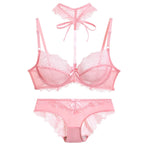 Ethereal Beige Sheer Mesh Underwire Bra Set with Lace Halter Accent