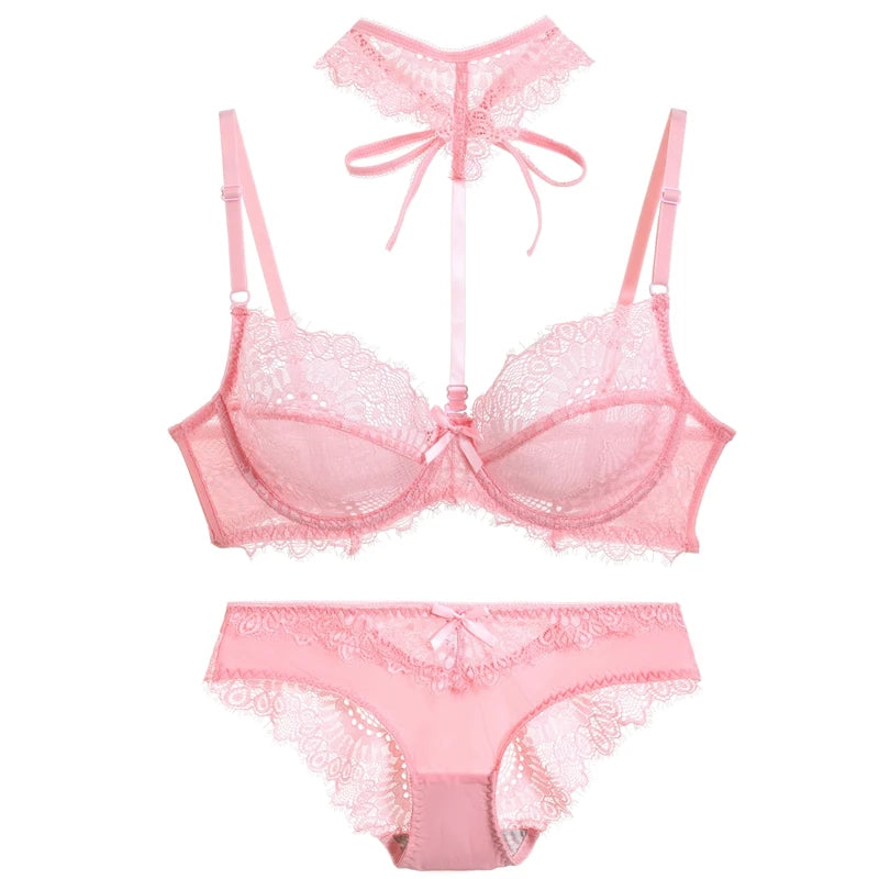 Ethereal Beige Sheer Mesh Underwire Bra Set with Lace Halter Accent