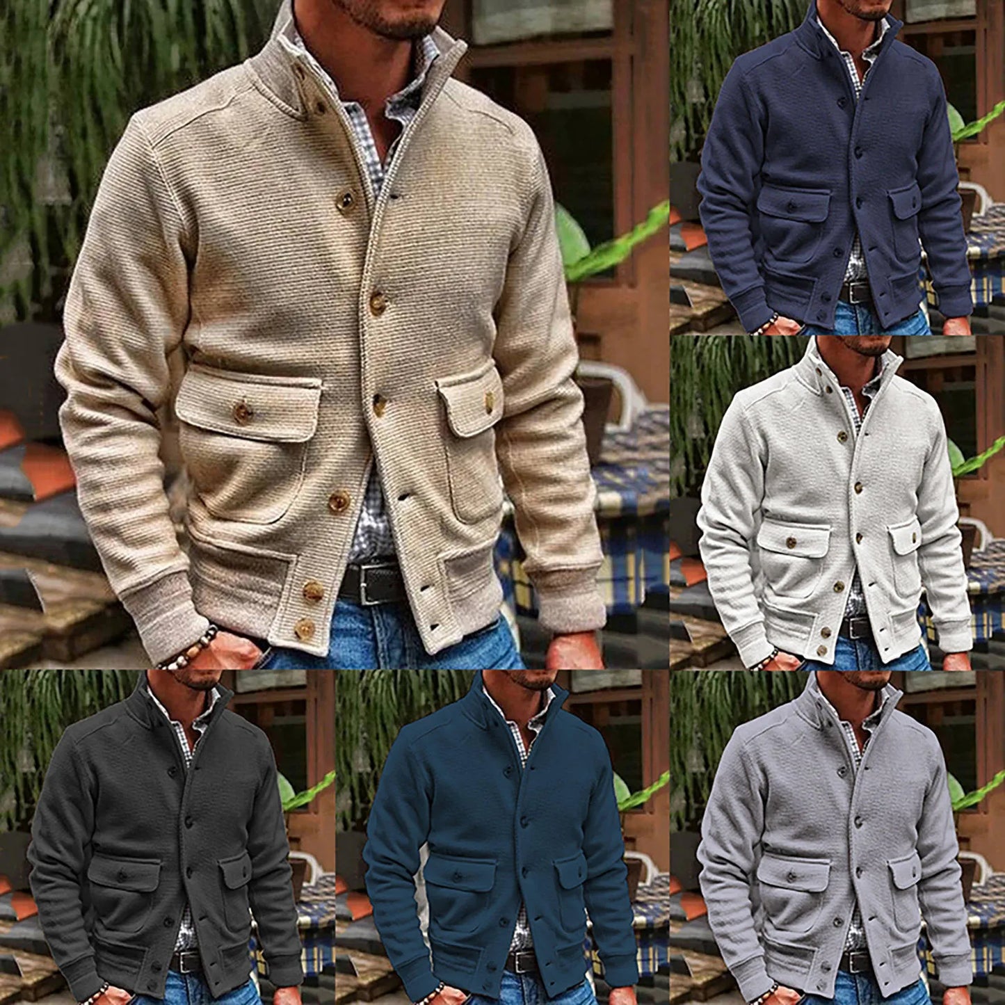 Men's Knit Button Front Cardigan Jacket with Utility Pockets for Contemporary Casual Streetwear