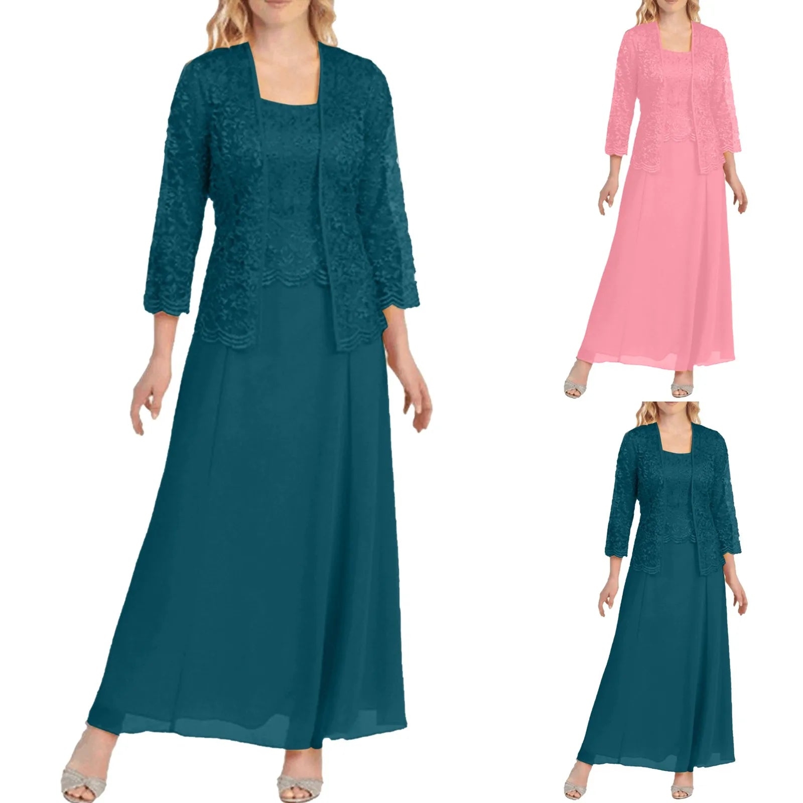 Chiffon Panel Maxi Dress with Lace Details and Long Sleeves