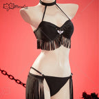 Women's Vintage Fringe Bikini Set with Coordinating Beach Skirt, Wire-Free Top and Three-Piece Vacation Swimwear
