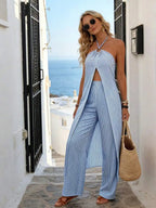 Striped Halter Top and Loose Wide Leg Pants Vacation Co-Ord Set
