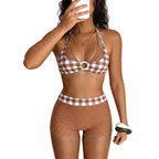 Mixed-Print Halter Bikini Set with High-Waisted Polka Dot Boy Shorts