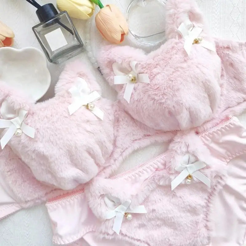 Whimsical Faux Fur Cat-Ear Bralette and Panty Lingerie Set