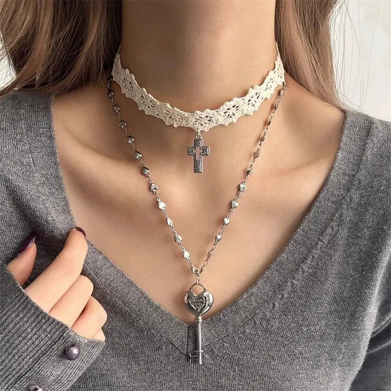 Layered Lace Choker Necklace Set with Key Pendant Gothic Aesthetic