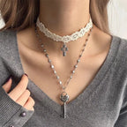 Layered Lace Choker Necklace Set with Key Pendant Gothic Aesthetic