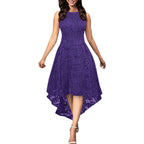 Royal Blue Floral Lace Overlay Dress with Sleeveless Cut and Asymmetrical High-Low Hem