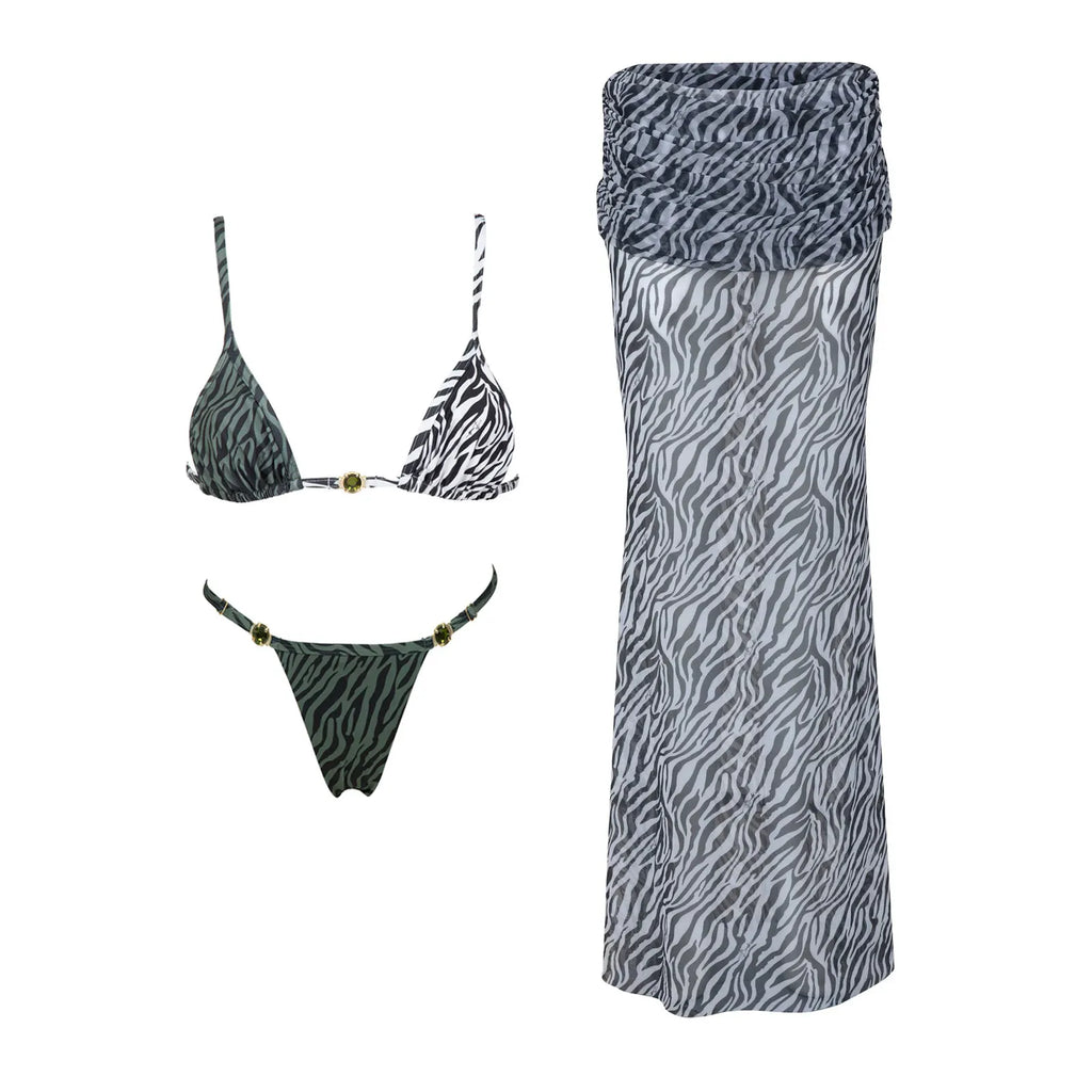 Three-Piece Zebra Print Swimwear Set with Matching Sheer Mesh Pants