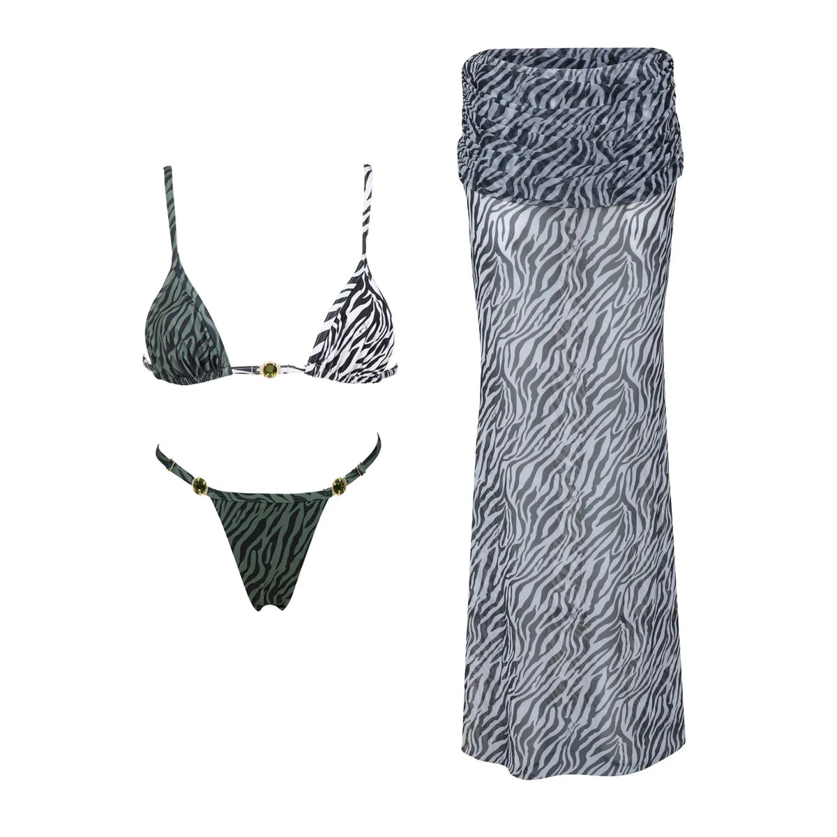 Three-Piece Zebra Print Swimwear Set with Matching Sheer Mesh Pants