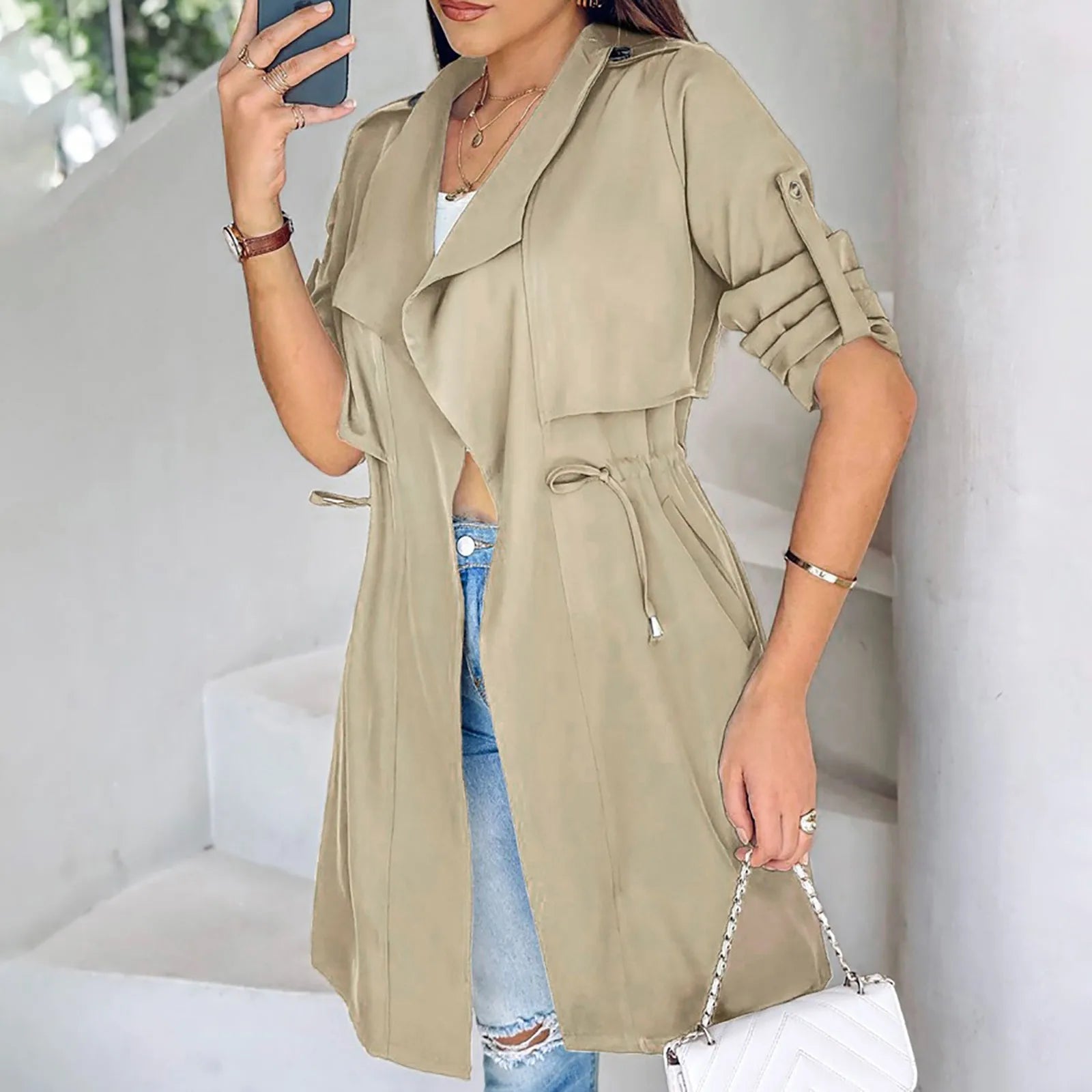 Women's Lightweight Longline Utility Trench Jacket with Relaxed Fit Contemporary Streetwear Outerwear