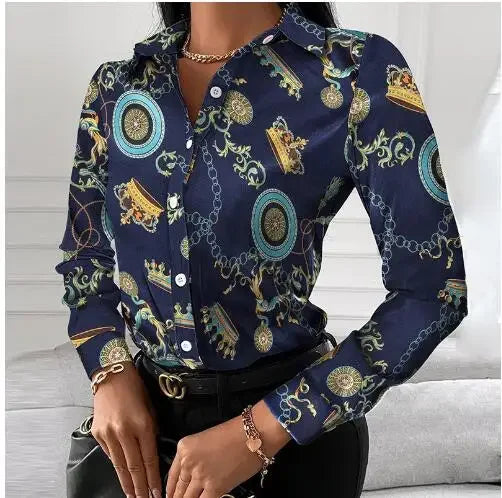Bold Baroque Chain Print Slim-Fit Button-Down Blouse