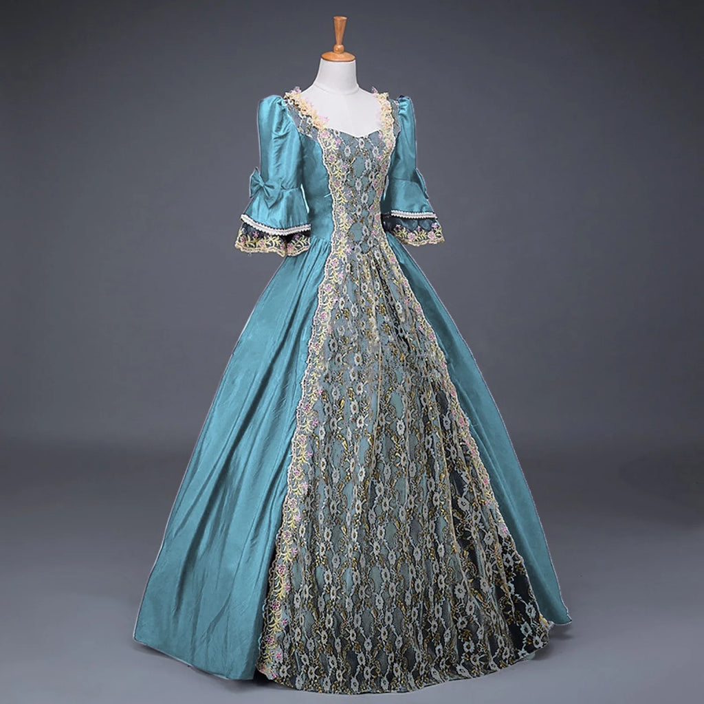 Dramatic Renaissance-Inspired Ball Gown with Ornate Brocade Panel and Flared Sleeves