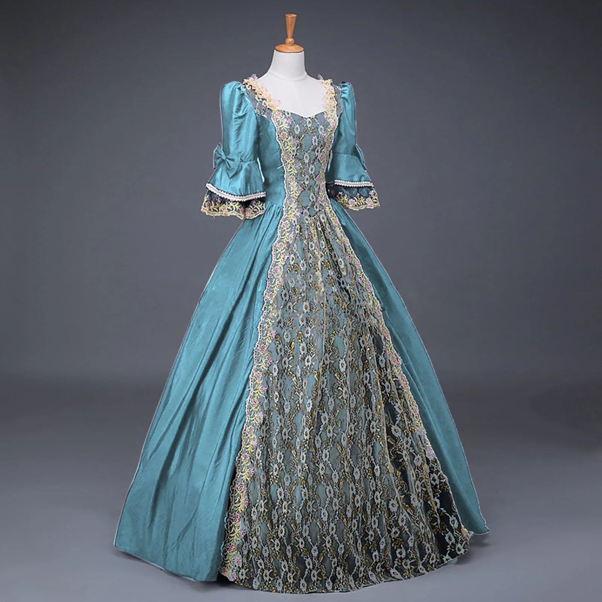 Dramatic Renaissance-Inspired Ball Gown with Ornate Brocade Panel and Flared Sleeves