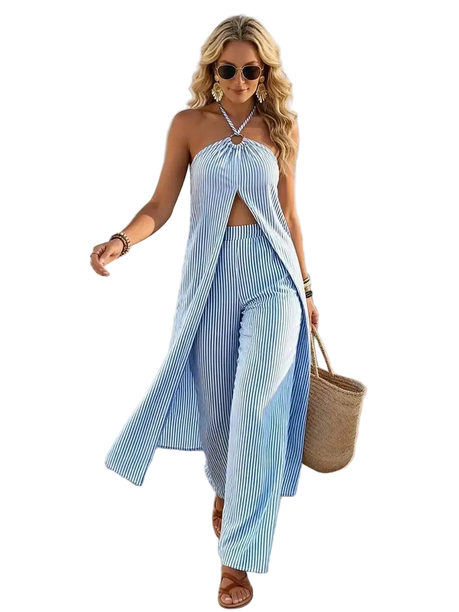Striped Halter Top and Loose Wide Leg Pants Vacation Co-Ord Set