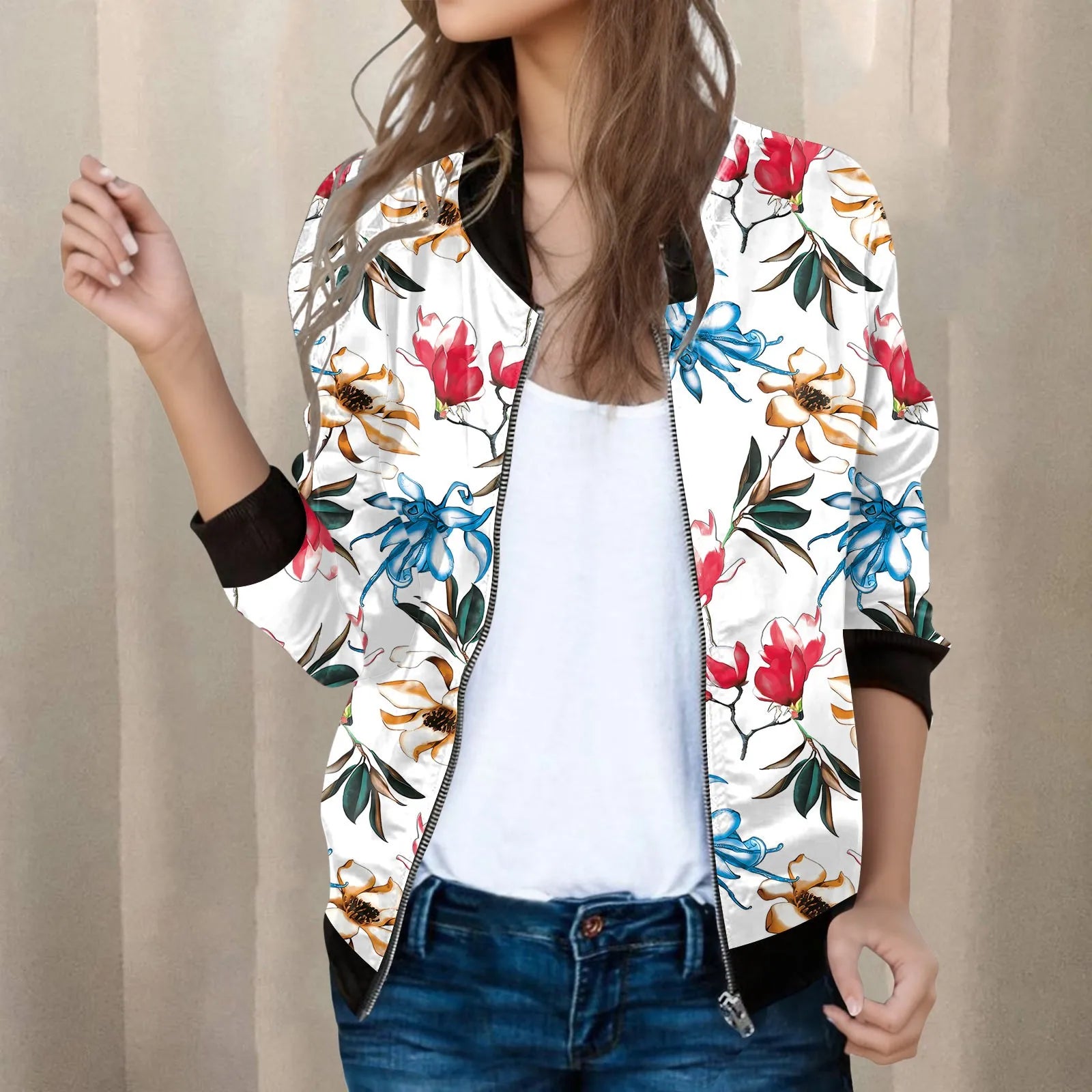 Vintage Inspired Patterned Bomber Jacket with Casual Streetwear Silhouette