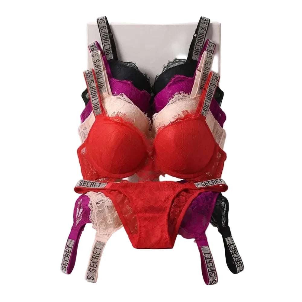 Vibrant Crimson Contour Bra and Thong Set with Crystal-Embellished Straps