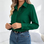 Elegant Emerald Green Long-Sleeve Blouse with Vertical Front Pleating