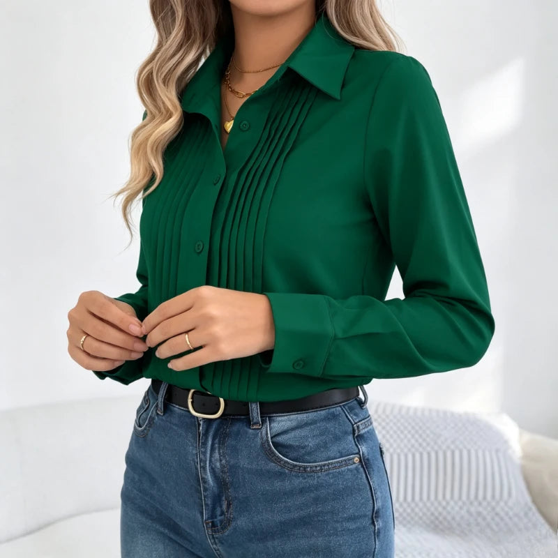 Elegant Emerald Green Long-Sleeve Blouse with Vertical Front Pleating