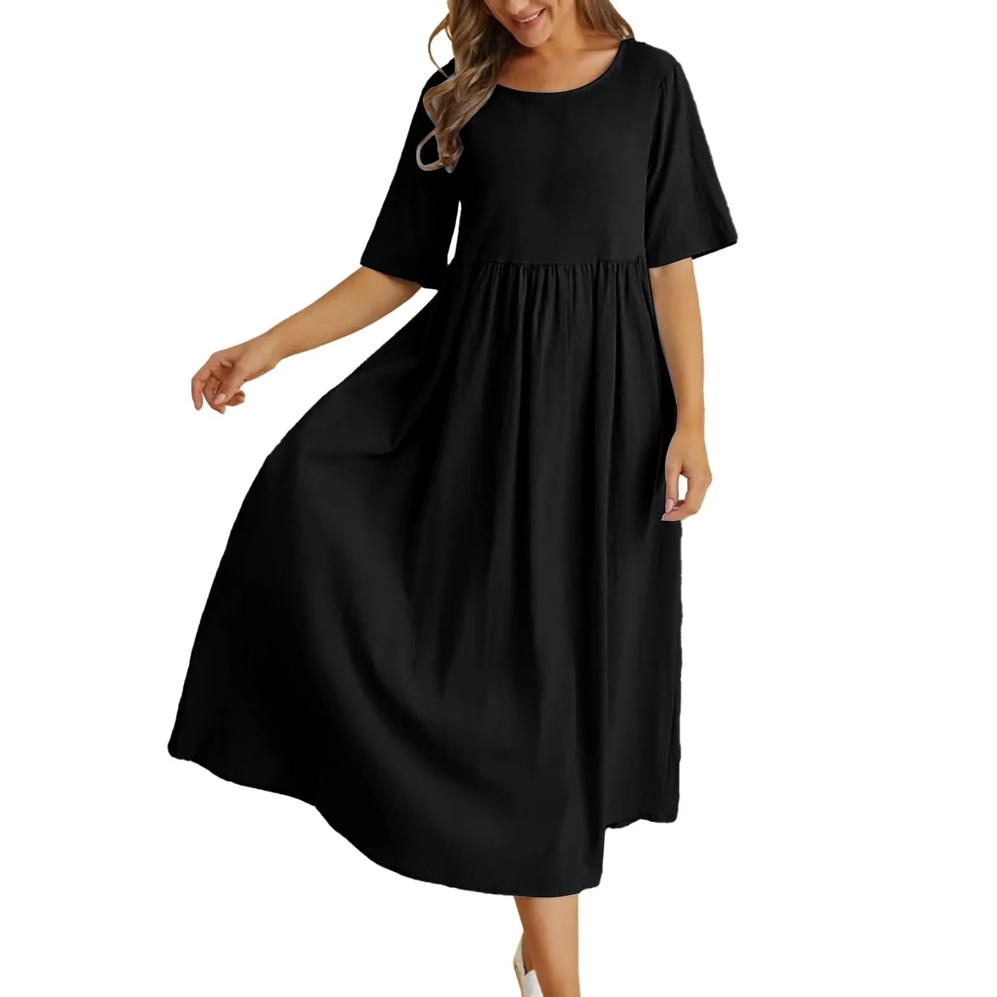 Relaxed A-Line Midi Dress with Short Sleeves and Flowy Everyday Fit