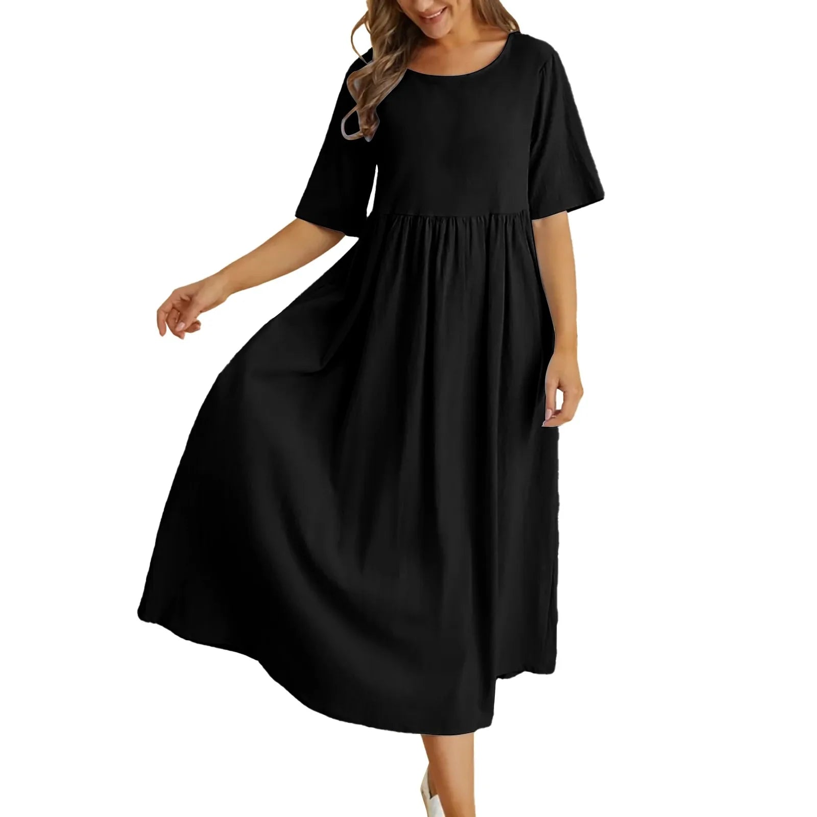 Relaxed A-Line Midi Dress with Short Sleeves and Flowy Everyday Fit
