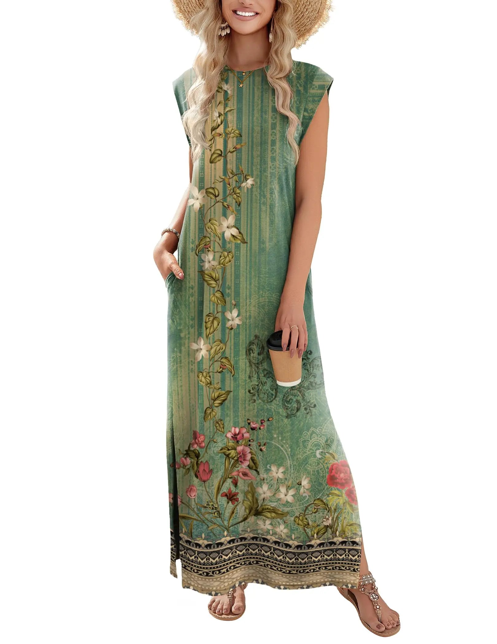 Loose Fit Sleeveless Floral Maxi Dress with Pockets for Casual Styling