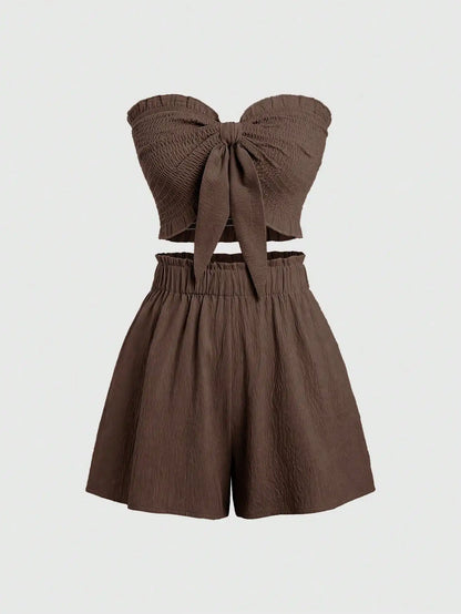 Front Knot Strapless Top and Shorts Summer Casual Co-Ord Set