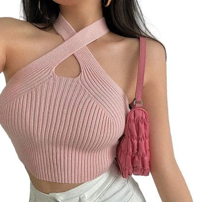 Women's Ribbed Halter Crop Tank Top with Cross Strap Neckline and Slim Knit Fit