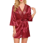 Sophisticated Satin-Finish Wrap Robe with Sheer Lace Lapel Paneling