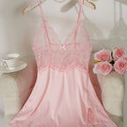 Soft Pink Sheer Lace Chemise with Plunging V-Neckline and Flowing Skirt