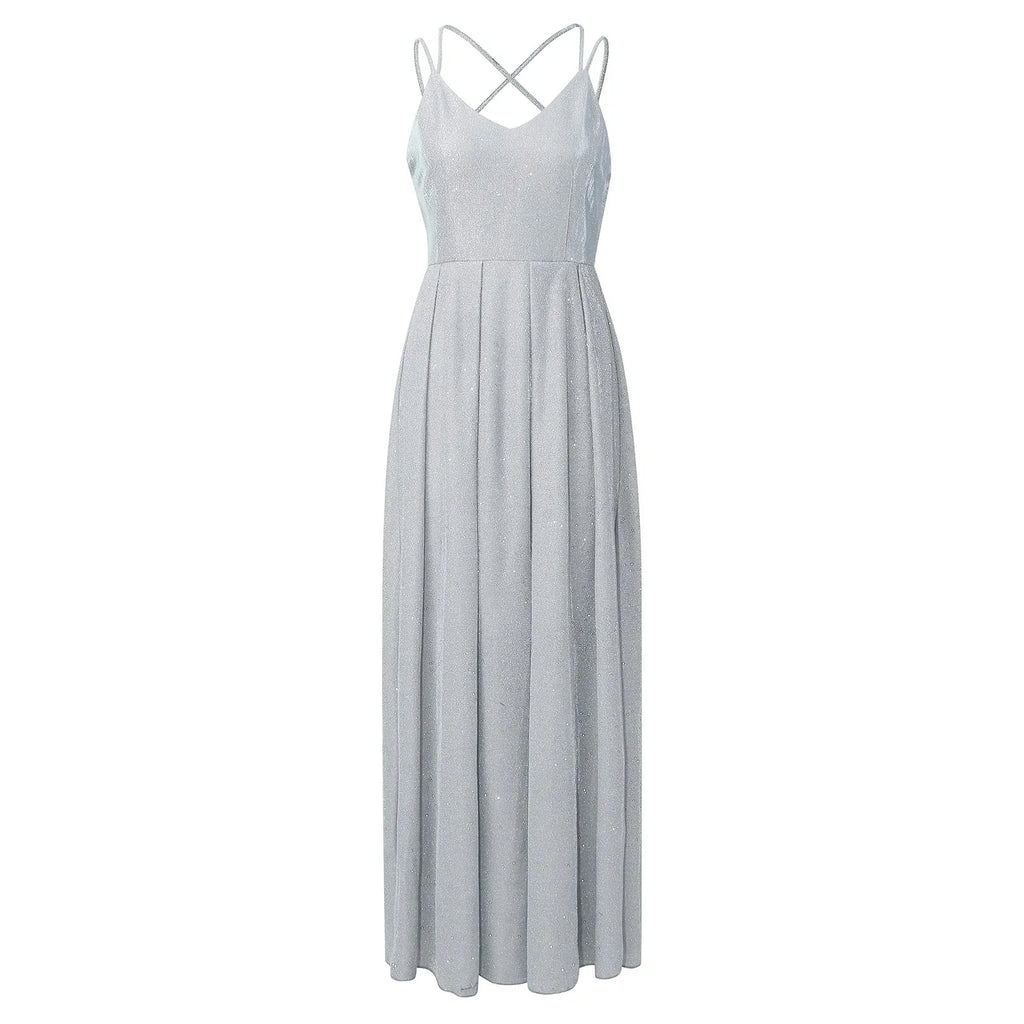 Glitter Finish Maxi Dress With Open Back And Full Movement