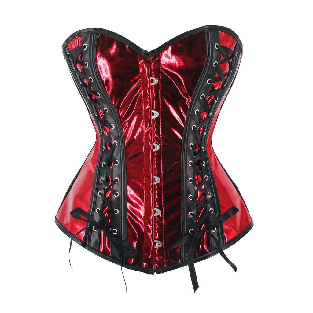 Iridescent Silver Holographic Overbust Corset with Front Busk and Ribbon Lace-Up Detailing