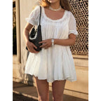 Puff Sleeve Babydoll Mini Dress with Lace Trim Relaxed Y2K Inspired Style