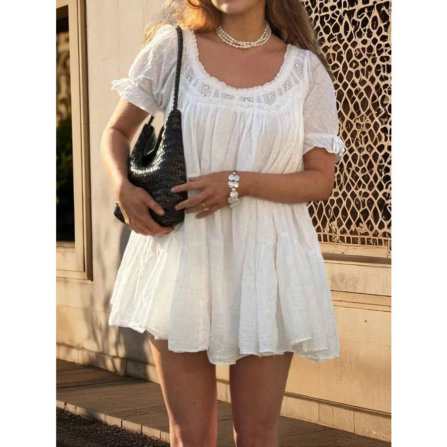 Puff Sleeve Babydoll Mini Dress with Lace Trim Relaxed Y2K Inspired Style