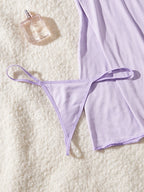 Lavender Lace-Trimmed Babydoll Nightdress with Matching Panty and Side Slit Detail