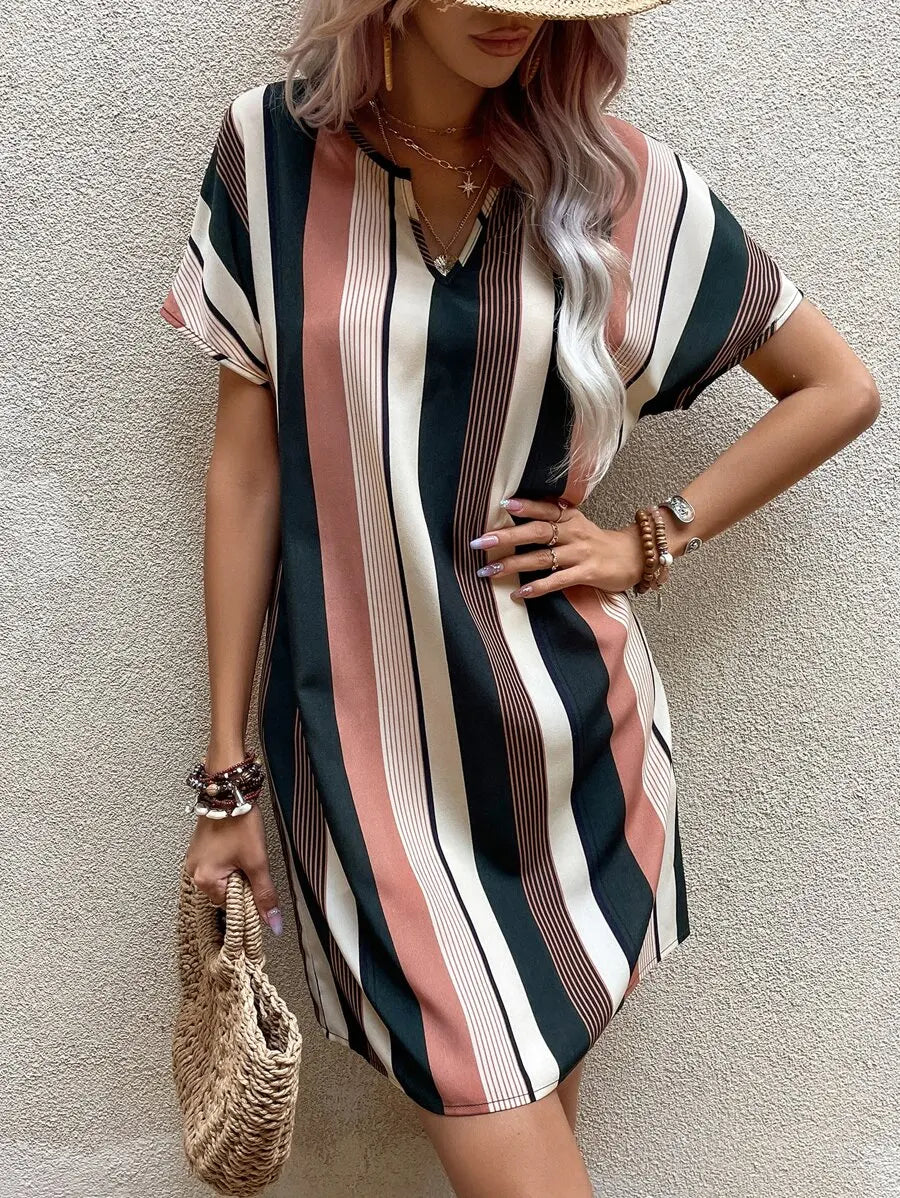 Striped Notched Neck Relaxed Short Sleeve Mini Dress for Everyday Style