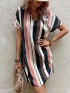 Striped Notched Neck Relaxed Short Sleeve Mini Dress for Everyday Style