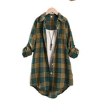 Vintage-Inspired Forest Green Plaid Mid-Length Outerwear Shirt with Rolled Sleeves