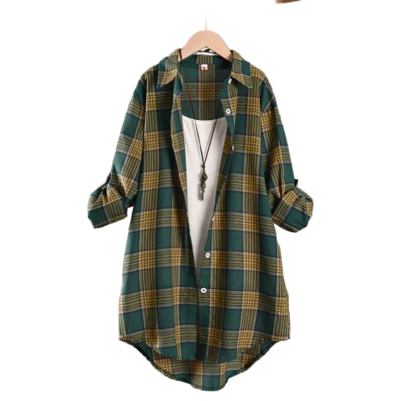 Vintage-Inspired Forest Green Plaid Mid-Length Outerwear Shirt with Rolled Sleeves