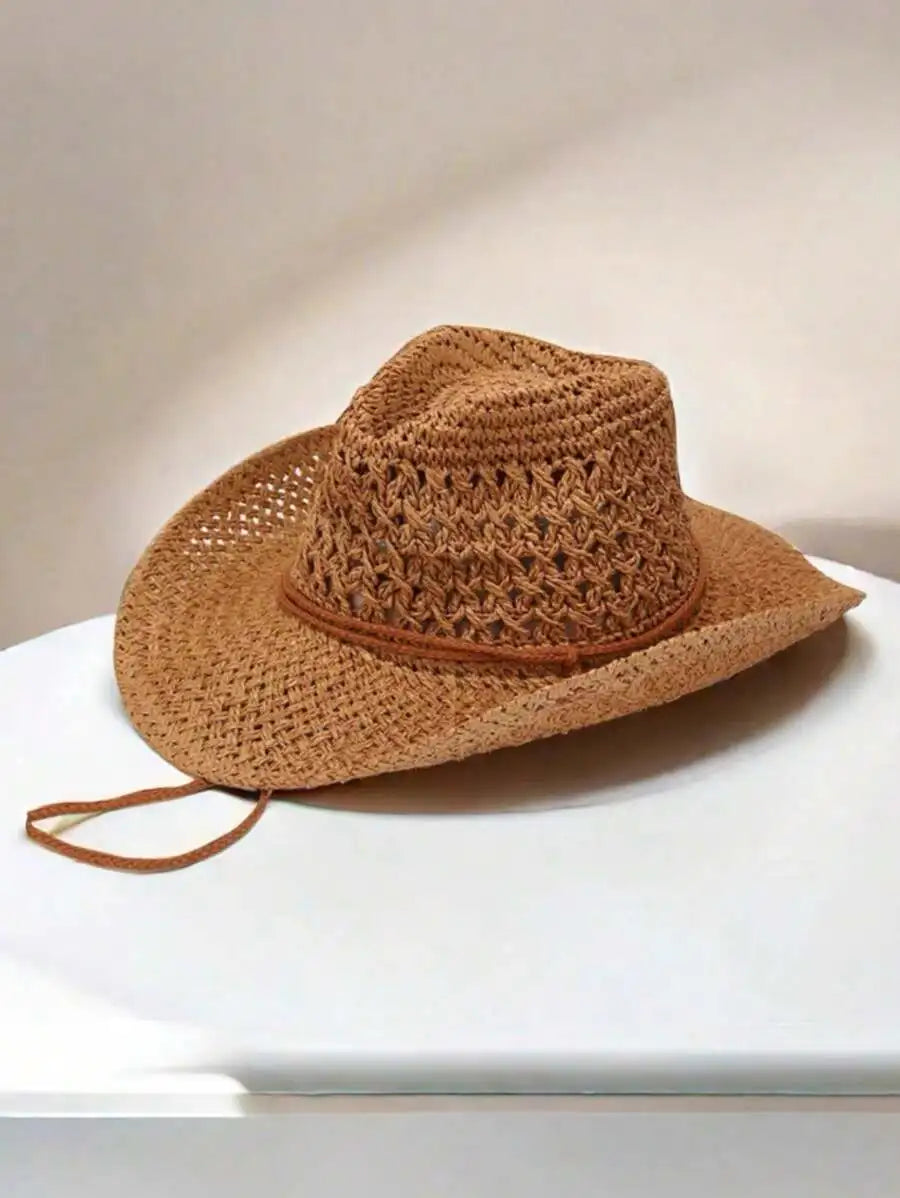Women's Woven Straw Cowboy Hat with Breathable Open Weave for Summer Outdoor Style