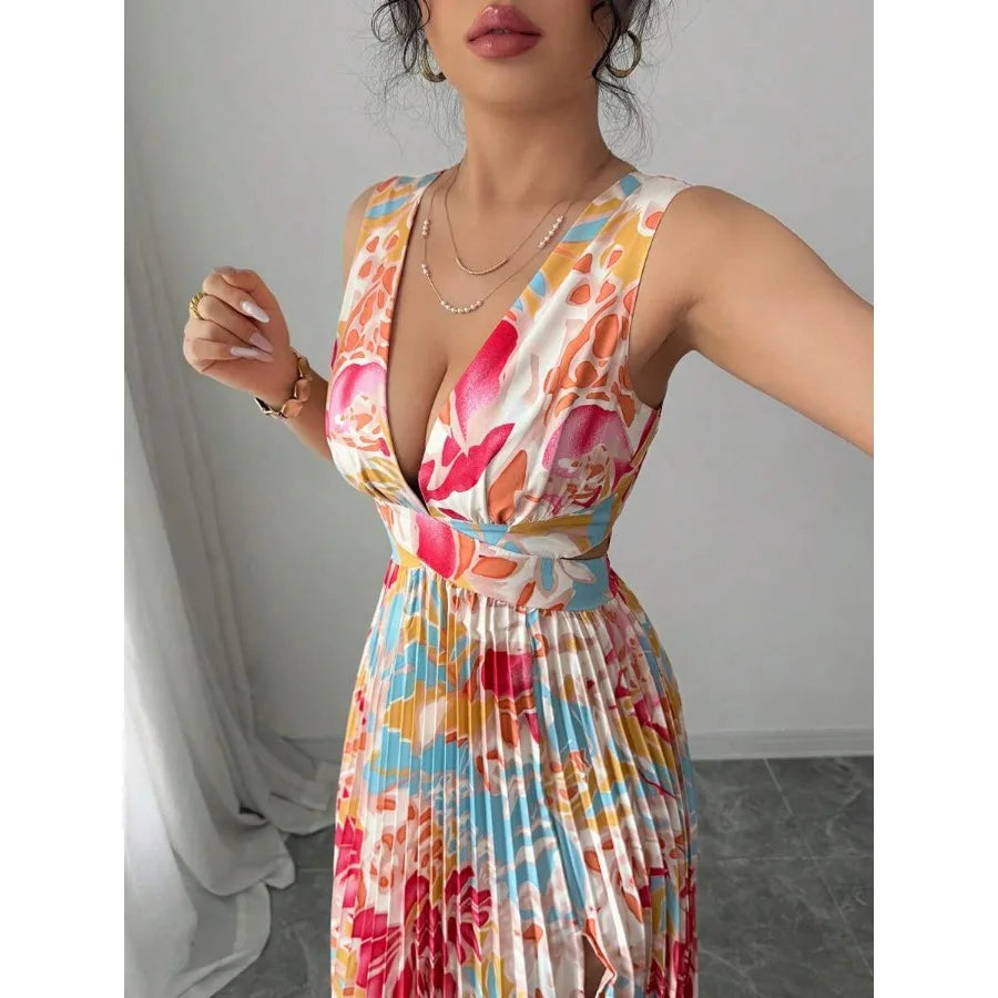 Vibrant Floral Pleated Maxi Dress with Deep V-Neck and Thigh-High Slit