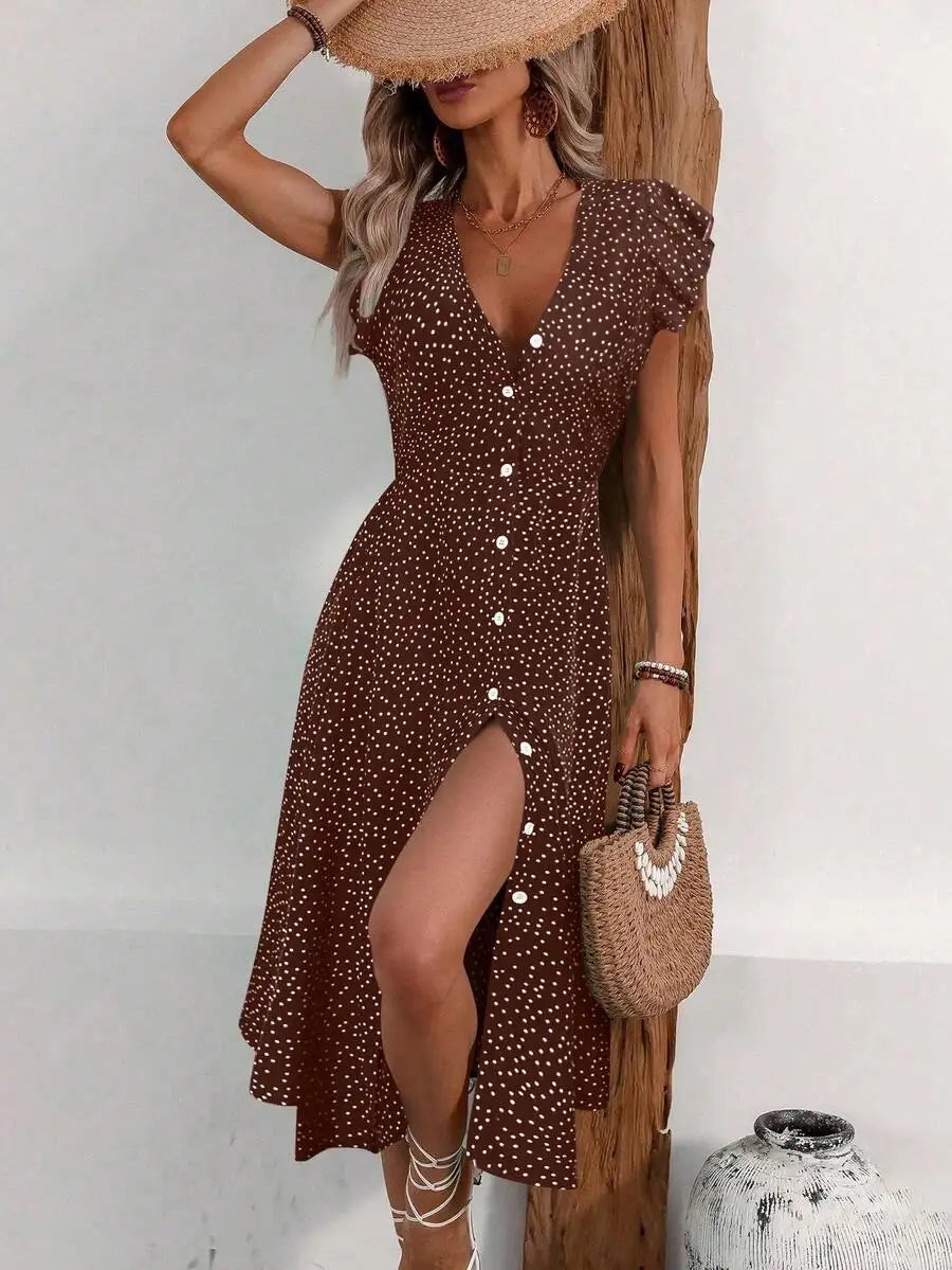 V-Neck Button Front Midi Dress with Side Slit and Puff Sleeves