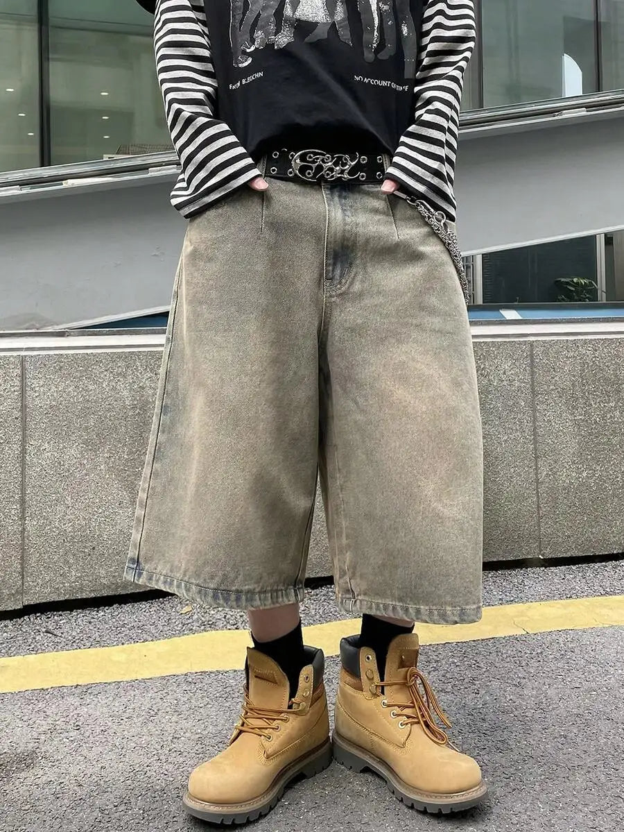 Men's Wide Leg Stonewashed Denim Shorts with Relaxed Knee Length Casual Streetwear Fit