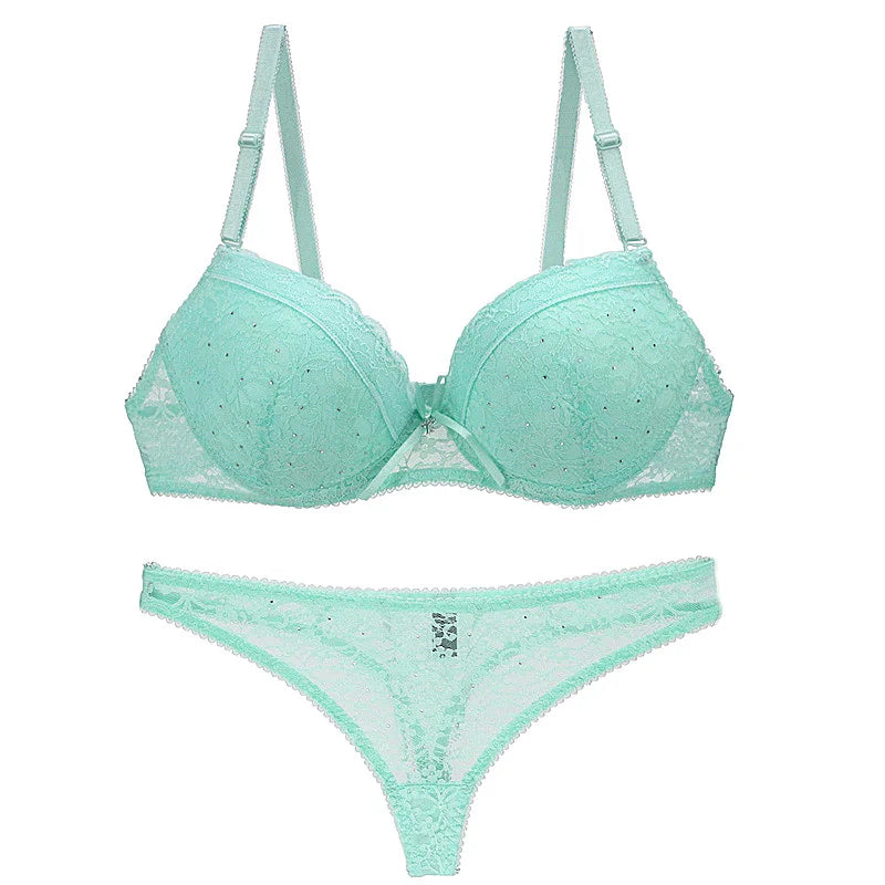 Refreshing Mint Green Push-Up Bra and Lace Trim Thong Set