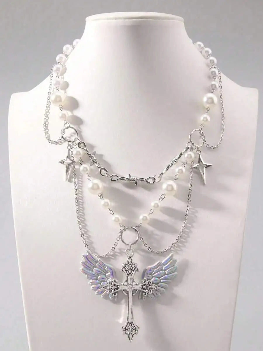 Layered Cross Pendant Necklace Set for Gothic Punk and Alternative Streetwear Fashion Styling