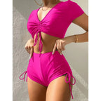 Brown High-Waisted Two-Piece Swim Set with Ruched Short-Sleeve Top