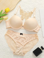 Romantic Red Lace-Detail Lingerie Set with Front-Closure Push-Up Bra and Matching Butterfly-Back Brief