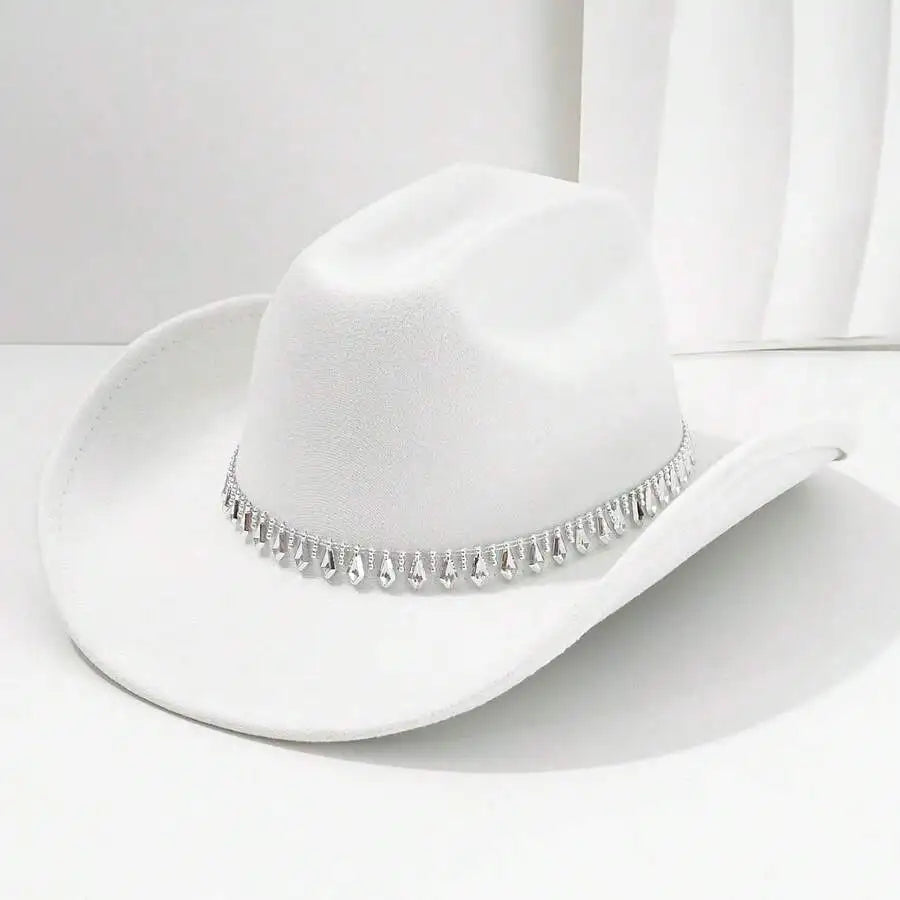 Women's Felt Western Cowboy Hat with Decorative Chain Detail for Casual Statement Style