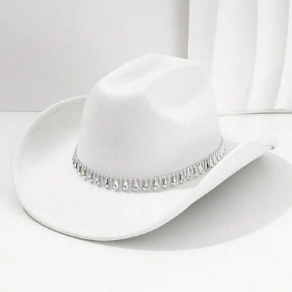 Women's Felt Western Cowboy Hat with Decorative Chain Detail for Casual Statement Style